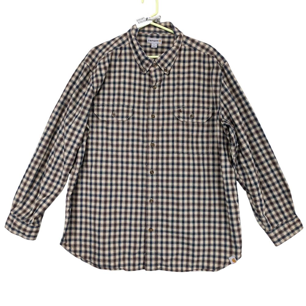 Carhartt Men's 2XL Brown Plaid Check Flannel Button Down Long Sleeve Shirt Relax